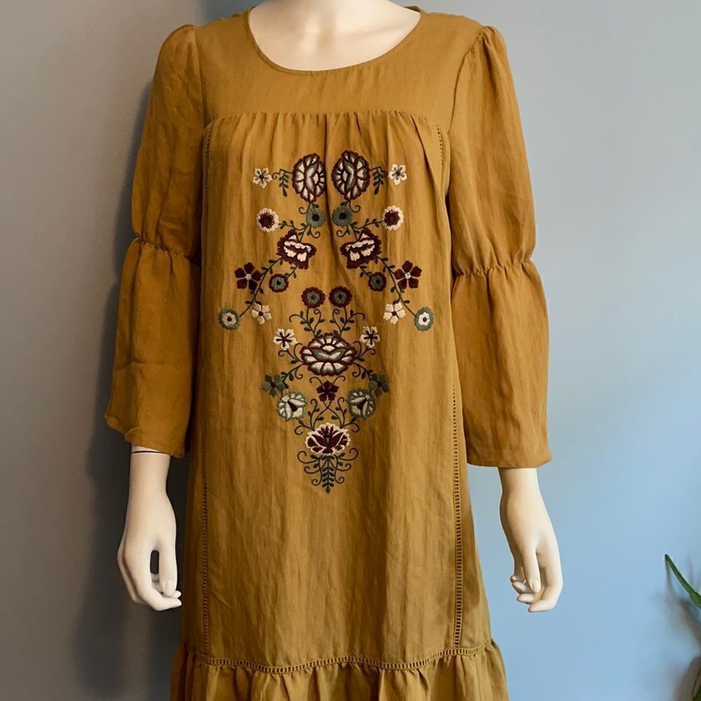 Polagram Embroidered Med Lined Dress mustard Color